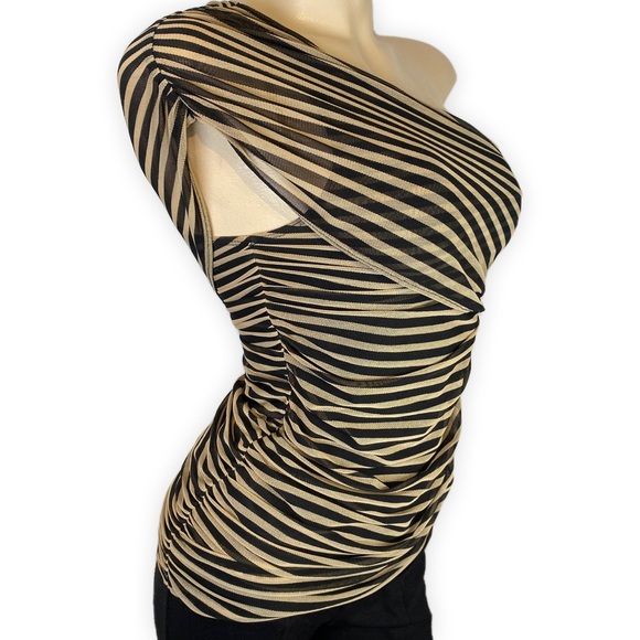 Womens Beige & Black Striped ONE SHOULDER BLOUSE TOP SHIRT ā¢XSmall - Picture 6 of 7